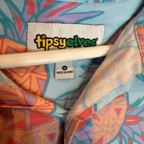Tipsy Elves Hawaiian Pineapple Print Button Down Blue Orange Medium - Picture 4 of 5